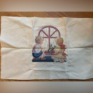 Handmade Cross Stitch Children at Window - Cream Fabric